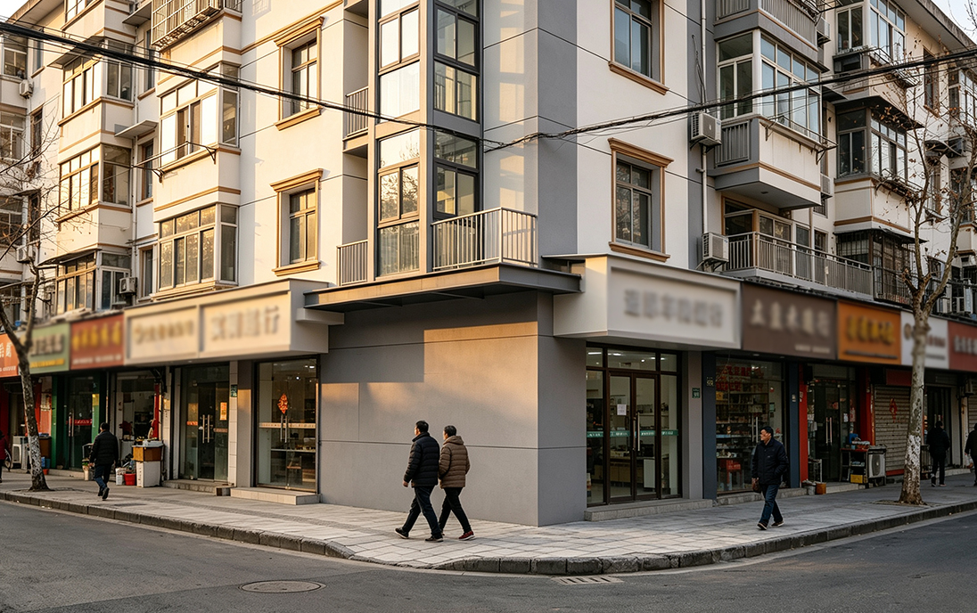 改造后的同一街区：立面规整、加装电梯井、规整店招、行道树与人行横道，窗内透光。