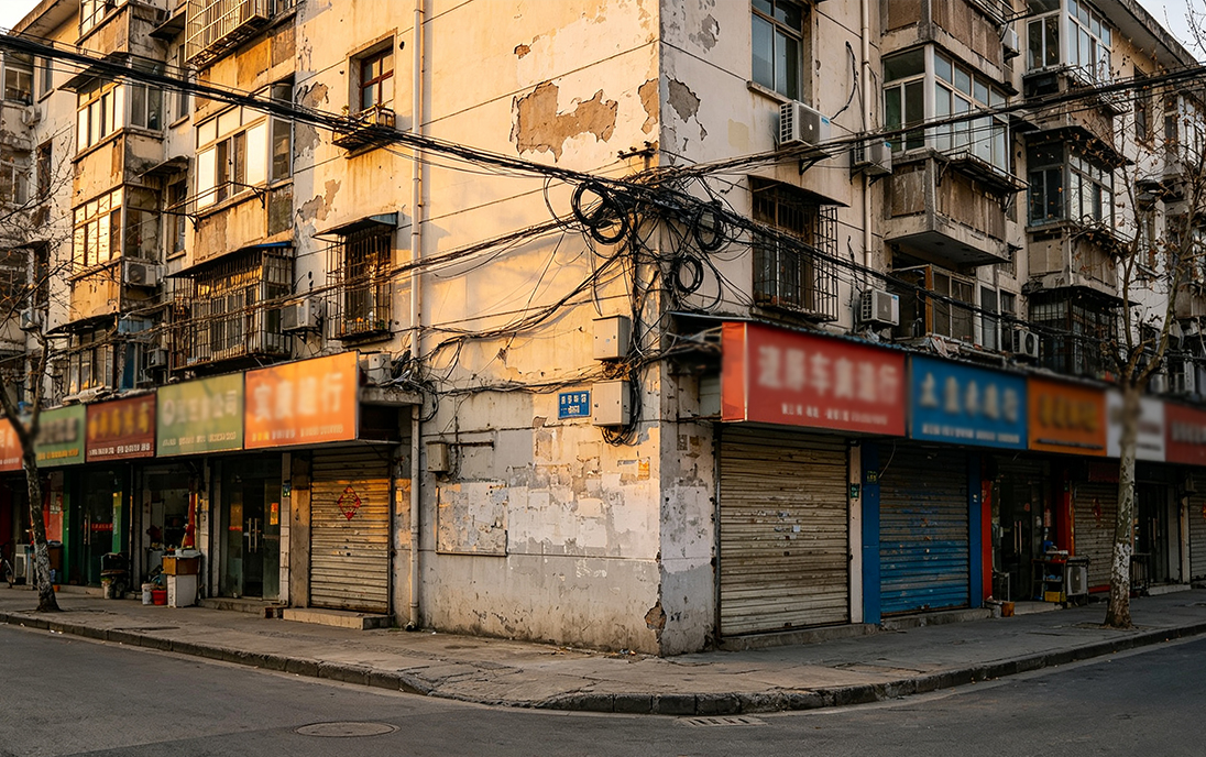 改造前的老旧街区：斑驳立面、私搭雨棚、外露管线、坑洼路面，色调压抑。