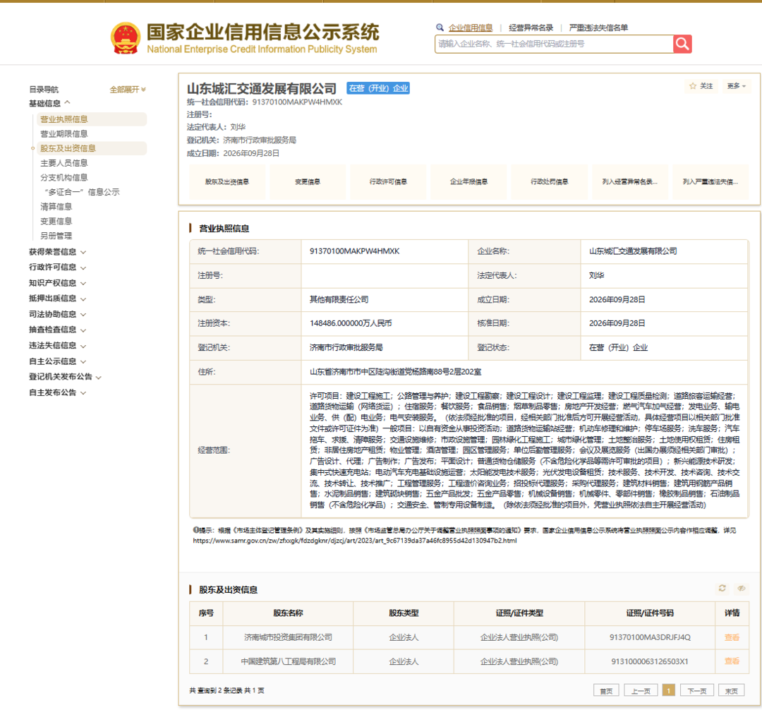 济南城投新设城汇交通发展控股子公司工商信息